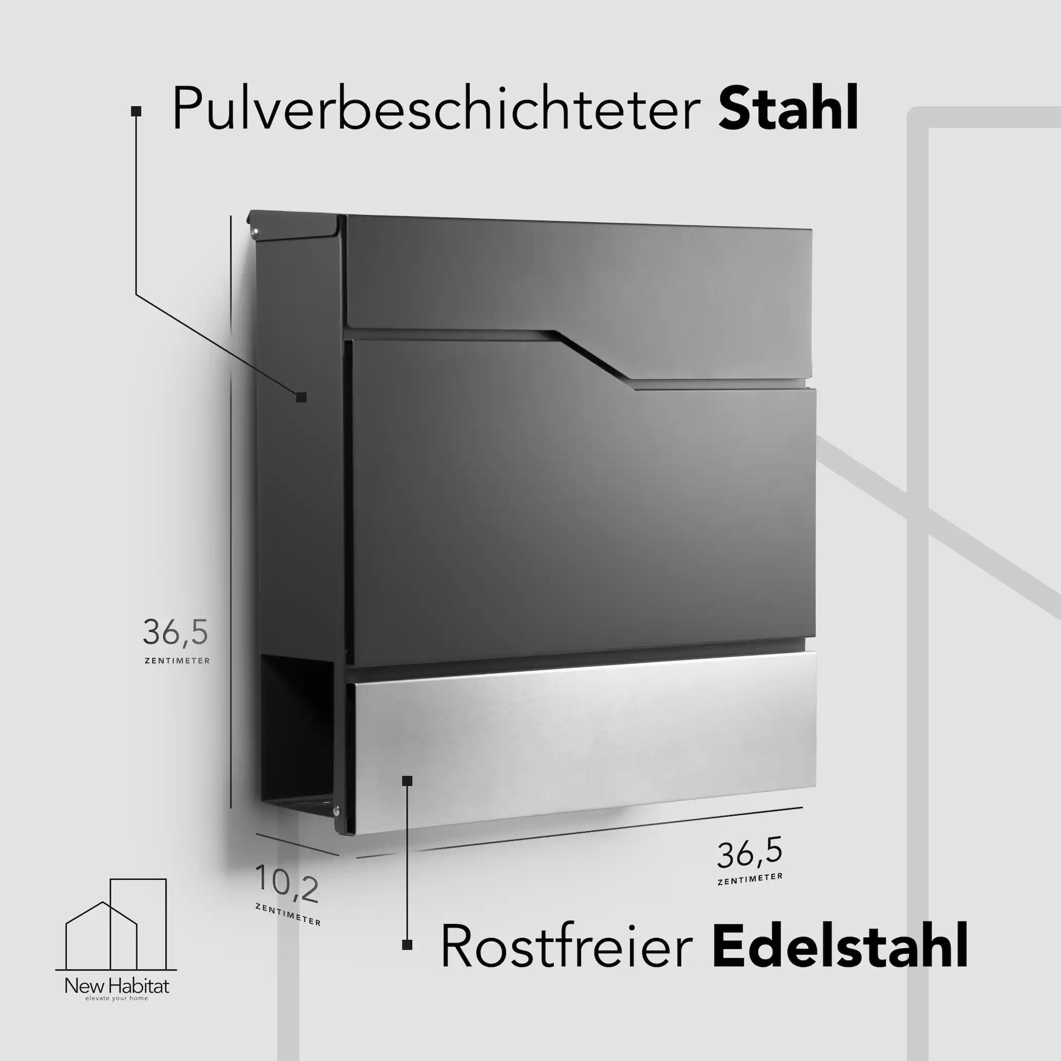 Anthrazitfarbener Briefkasten aus pulverbeschichtetem Stahl mit rostfreier Edelstahlklappe, Maße 36,5 x 36,5 x 10,2 cm, Wandmontage – New Habitat Design