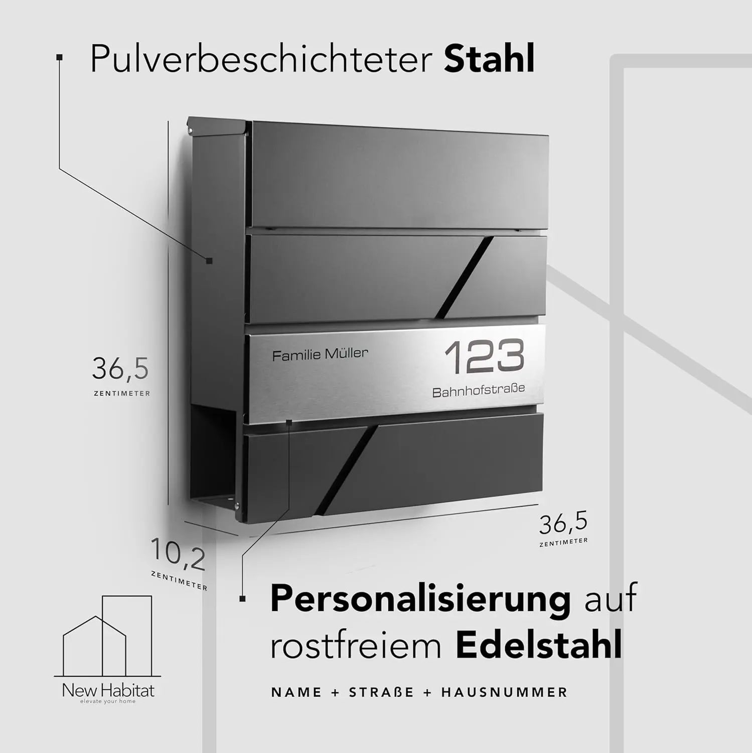 Personalisierter Briefkasten aus pulverbeschichtetem Stahl mit gravierter Edelstahlfront – individuelle Gravur von Name, Straße und Hausnummer möglich