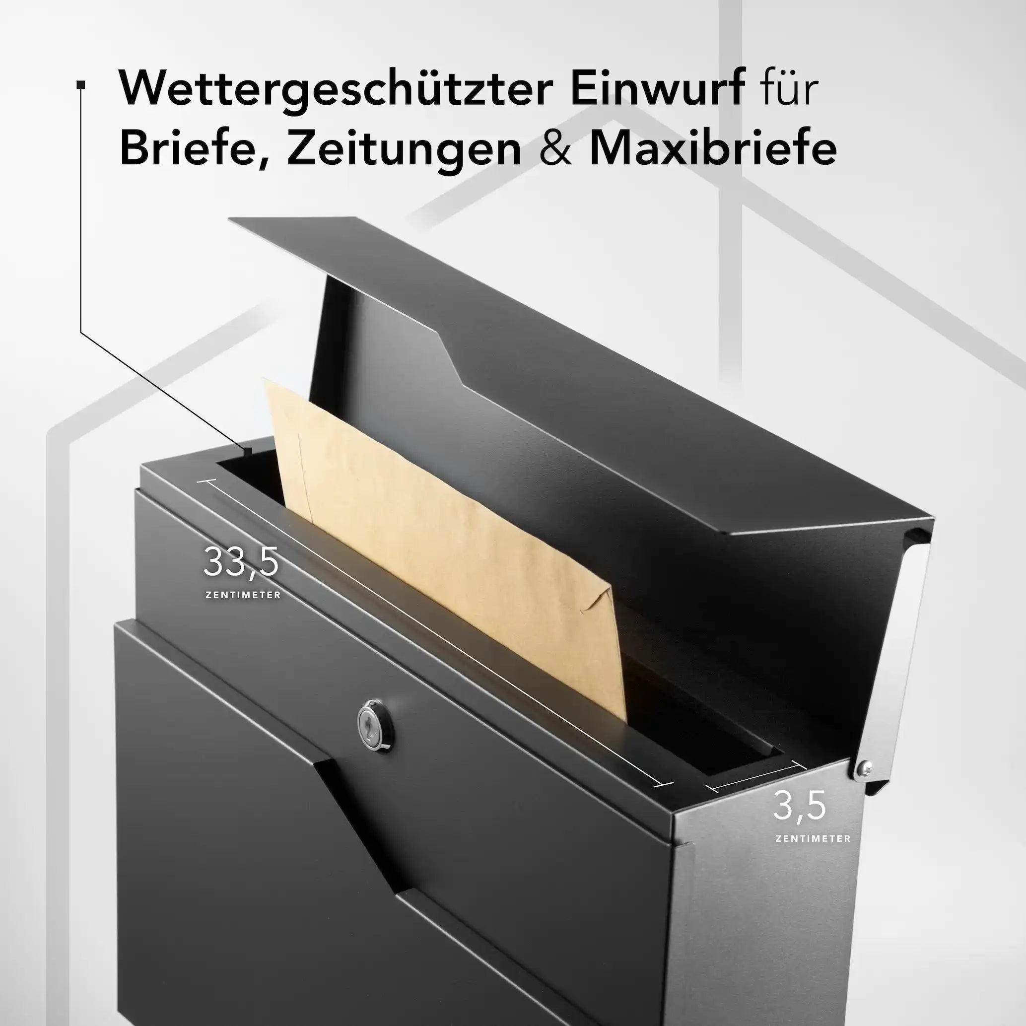 Briefkasten mit wettergeschütztem Einwurf – geeignet für Briefe, Zeitungen und Maxibriefe; Einwurföffnung 33,5 cm breit und 3,5 cm hoch
